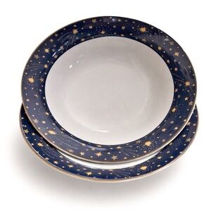 Vitromaster Galaxy Celestial Star Soup Pasta Bowls Navy Gold 7 1/4”in Set of 2